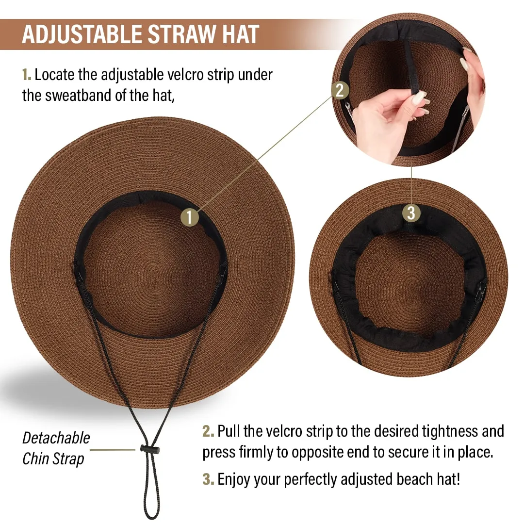 Beach Hats for Women - Panama Straw Sun Hat with Heart Shape Glasses - Summer Fedora Roll Up Packable Travel Hat UV Protection UPF 50  (Brown) - FUNCREDIBLE