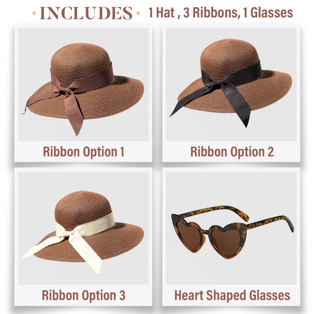 Beach Hats for Women - Panama Straw Sun Hat with Heart Shape Glasses - Summer Fedora Roll Up Packable Travel Hat UV Protection UPF 50  (Brown) - FUNCREDIBLE