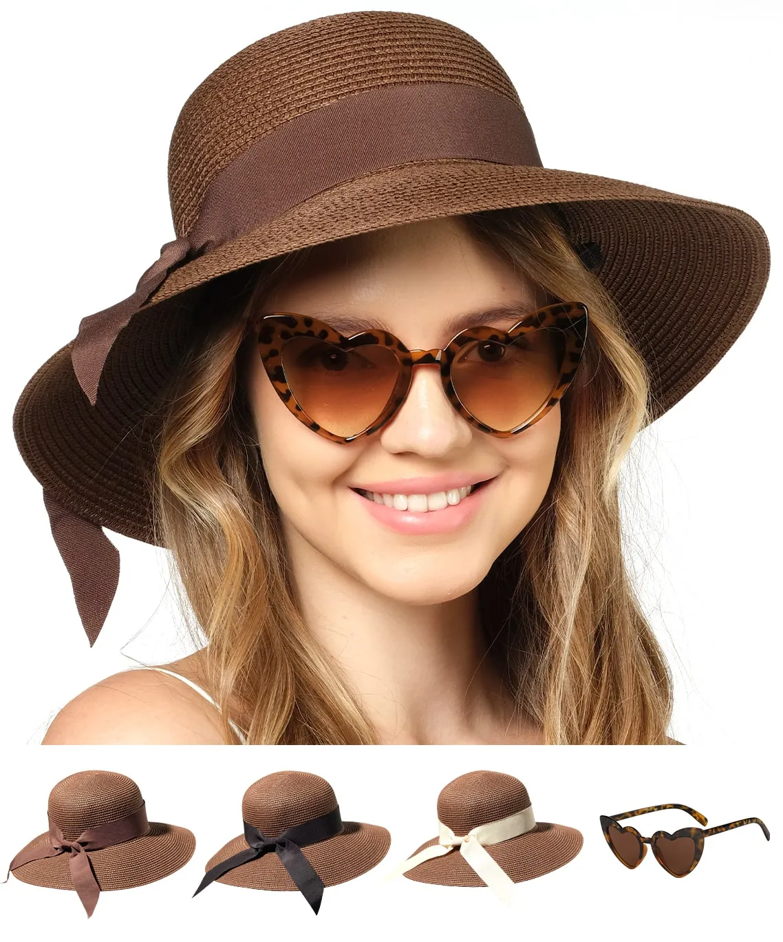 Beach Hats for Women - Panama Straw Sun Hat with Heart Shape Glasses - Summer Fedora Roll Up Packable Travel Hat UV Protection UPF 50  (Brown) - FUNCREDIBLE