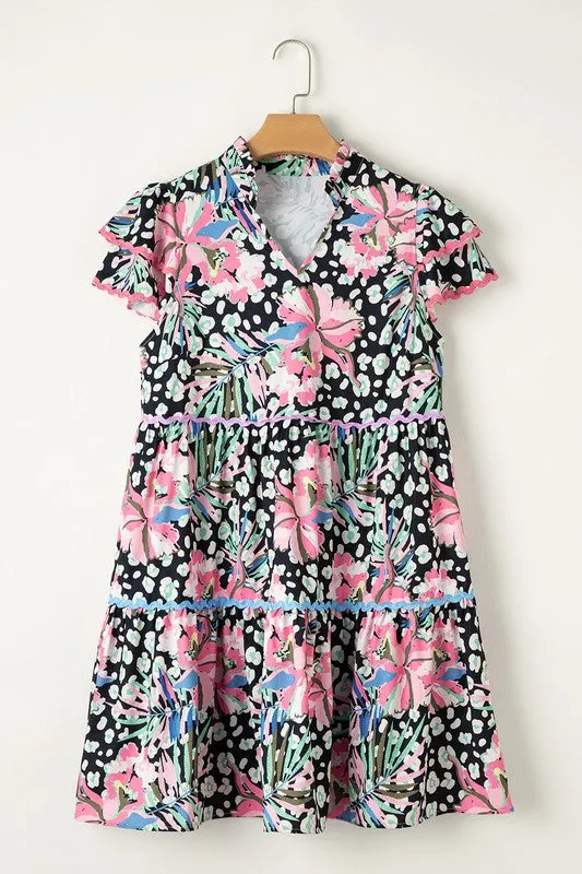 Floral Ricrac Embellished Tiered Mini Dress