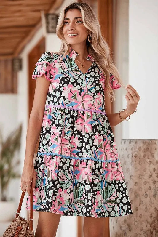 Floral Ricrac Embellished Tiered Mini Dress