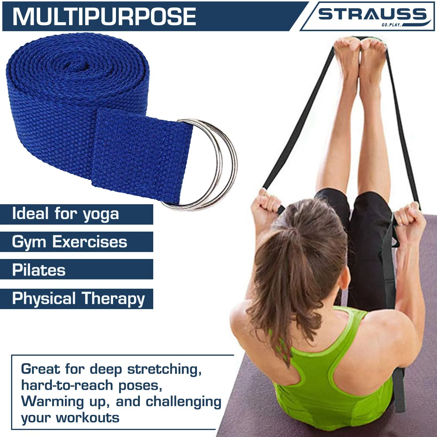 Strauss Lightweight Eco Friendly Yoga Mat 6 mm (Blue), Yoga Block (Navy Blue) Pair and Yoga Belt (Blue)