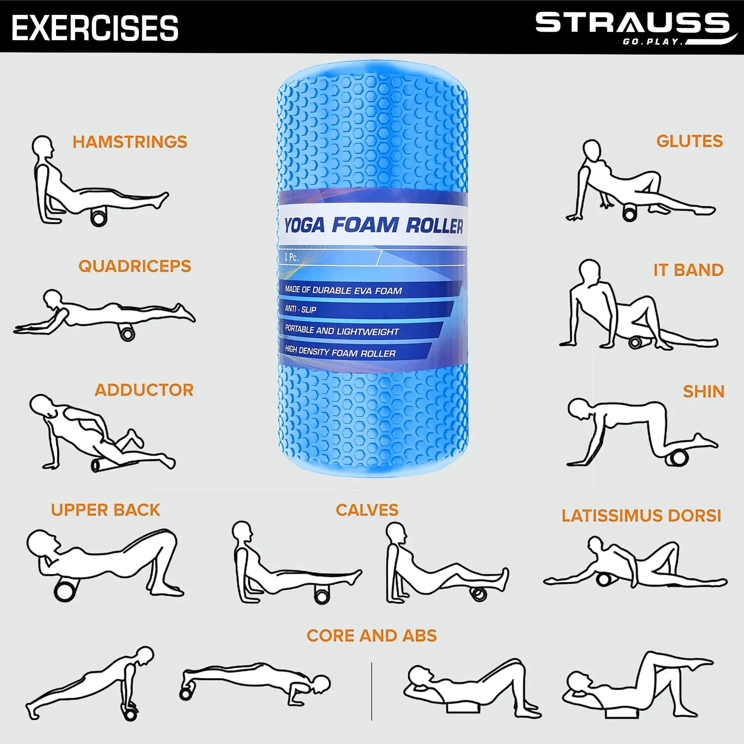 Strauss Yoga Foam Roller | Ideal For Exercise, Muscle Recovery, Physiotherapy, Pain Relief & Myofascial | Deep Tissue Massage Roller 30 Cm, (Blue)