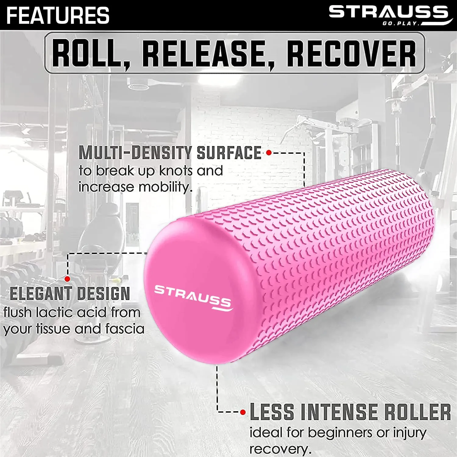 Strauss Yoga Foam Roller | Ideal For Exercise, Muscle Recovery, Physiotherapy, Pain Relief & Myofascial | Deep Tissue Massage Roller 45 Cm, (Pink)